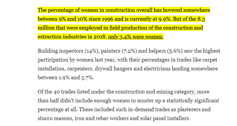 Highlighted percentage of women in construction