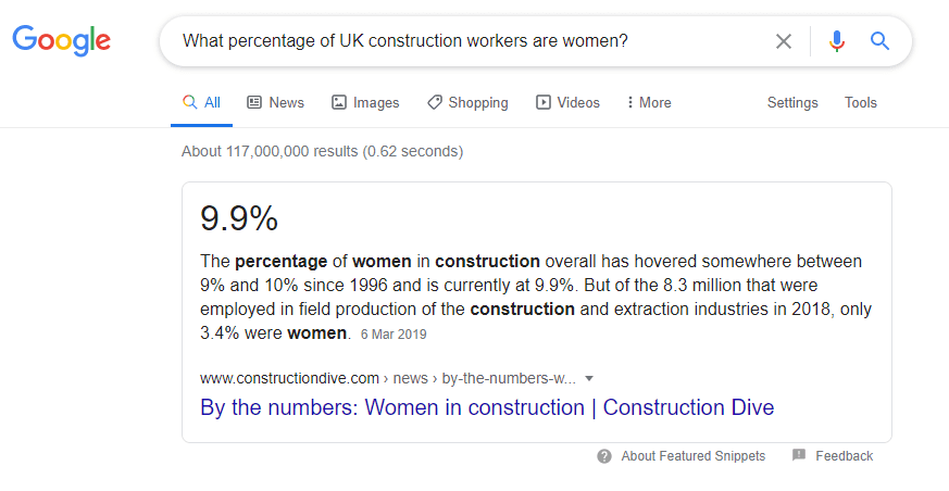 Featured snippet: percentage of construction workers who are women