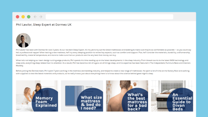 Dormeo author page for YMYL content