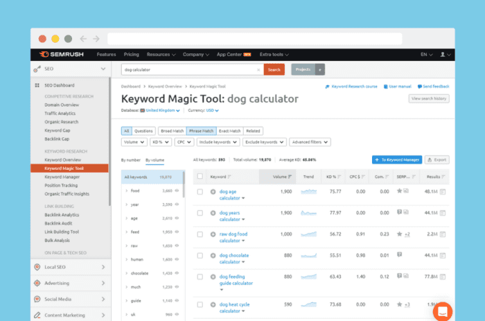 SEMrush keyword research results for 'dog calculator'