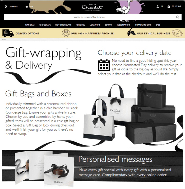 Hotel Chocolat gift wrapping and delivery page
