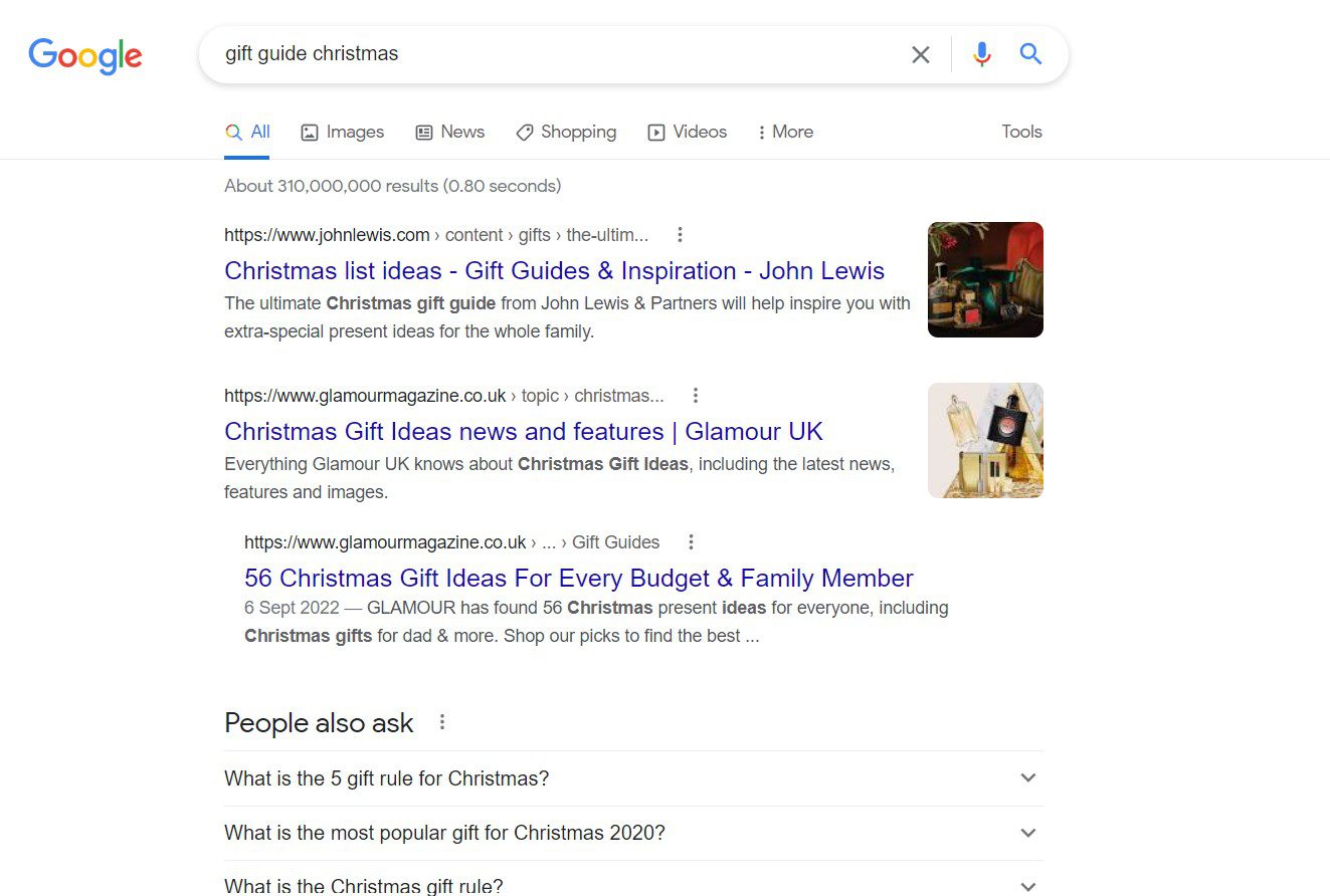 Christmas gift guide Google front page results