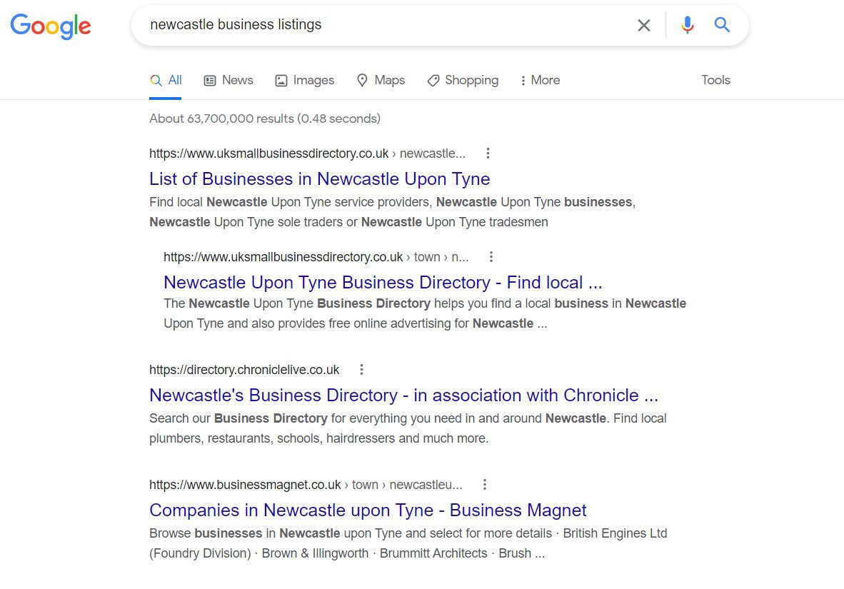 Newcastle business listings Google SERP