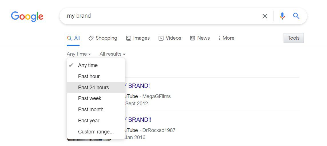 Using Google search tools to find recent brand mentions